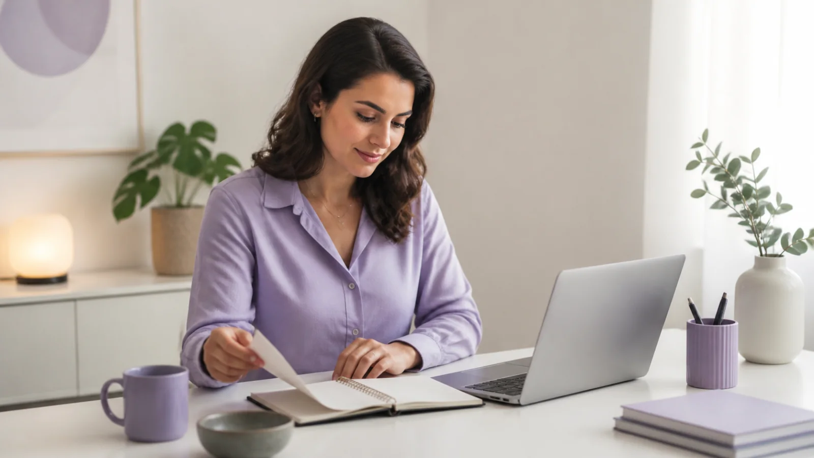 Pessoa adulta começando uma tarefa em mesa organizada com caderno e notebook