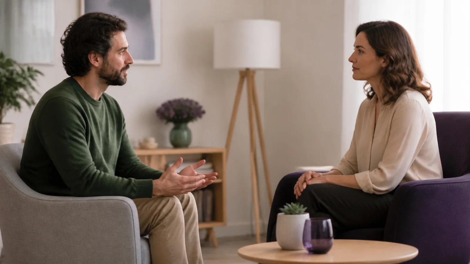 Duas pessoas adultas em uma conversa profissional acolhedora
