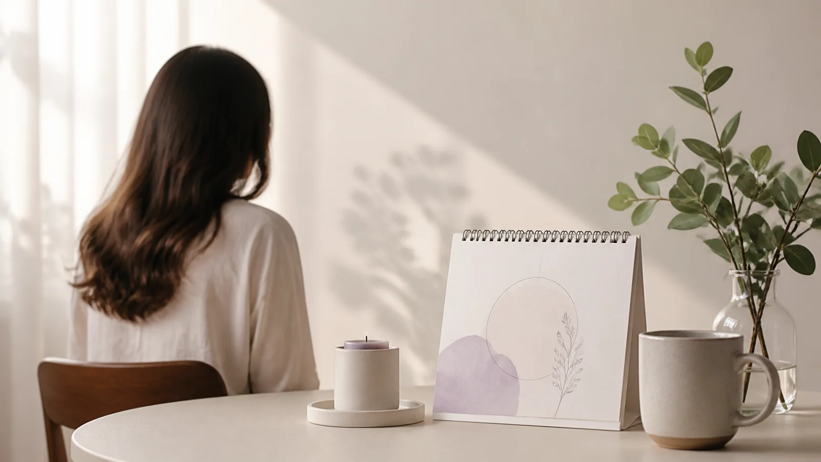 Composição delicada com calendário, ramo verde e xícara