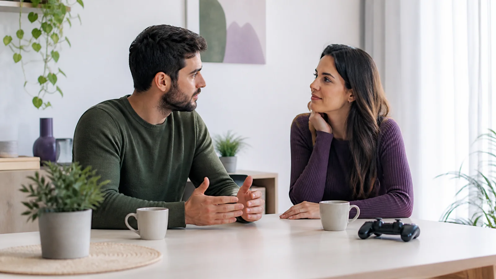 Casal adulto conversando junto a um controle de videogame desligado