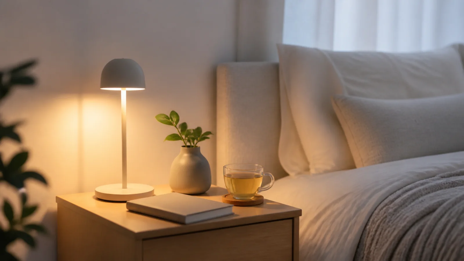 Mesa de cabeceira organizada com luminária, livro, chá e planta
