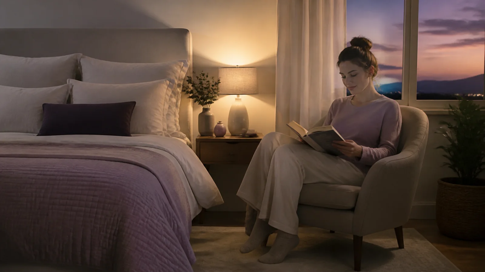 Pessoa adulta lendo calmamente em um quarto sereno ao entardecer