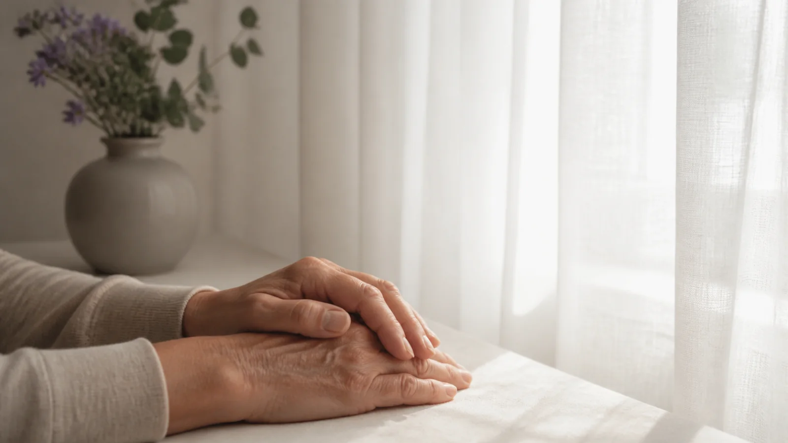Mãos adultas próximas sob luz natural e uma flor em vaso