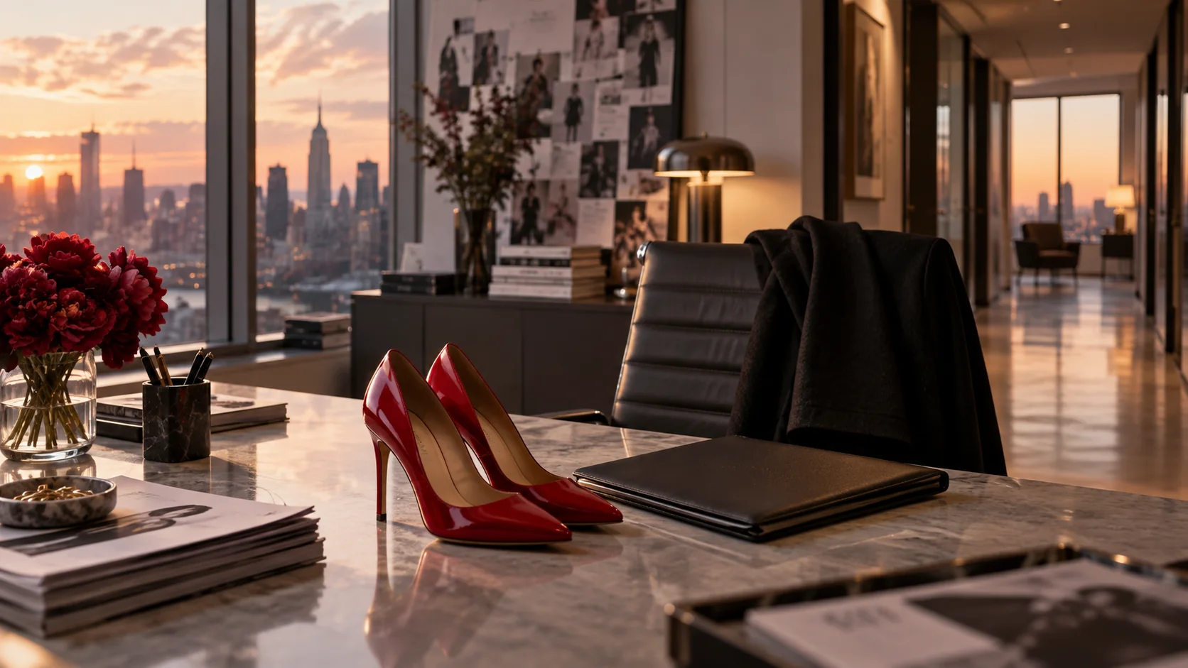 Sapatos vermelhos em escritório de moda ao entardecer