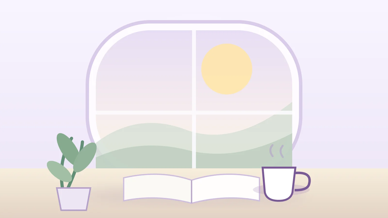 Xícara e livro diante de uma janela iluminada pelo sol