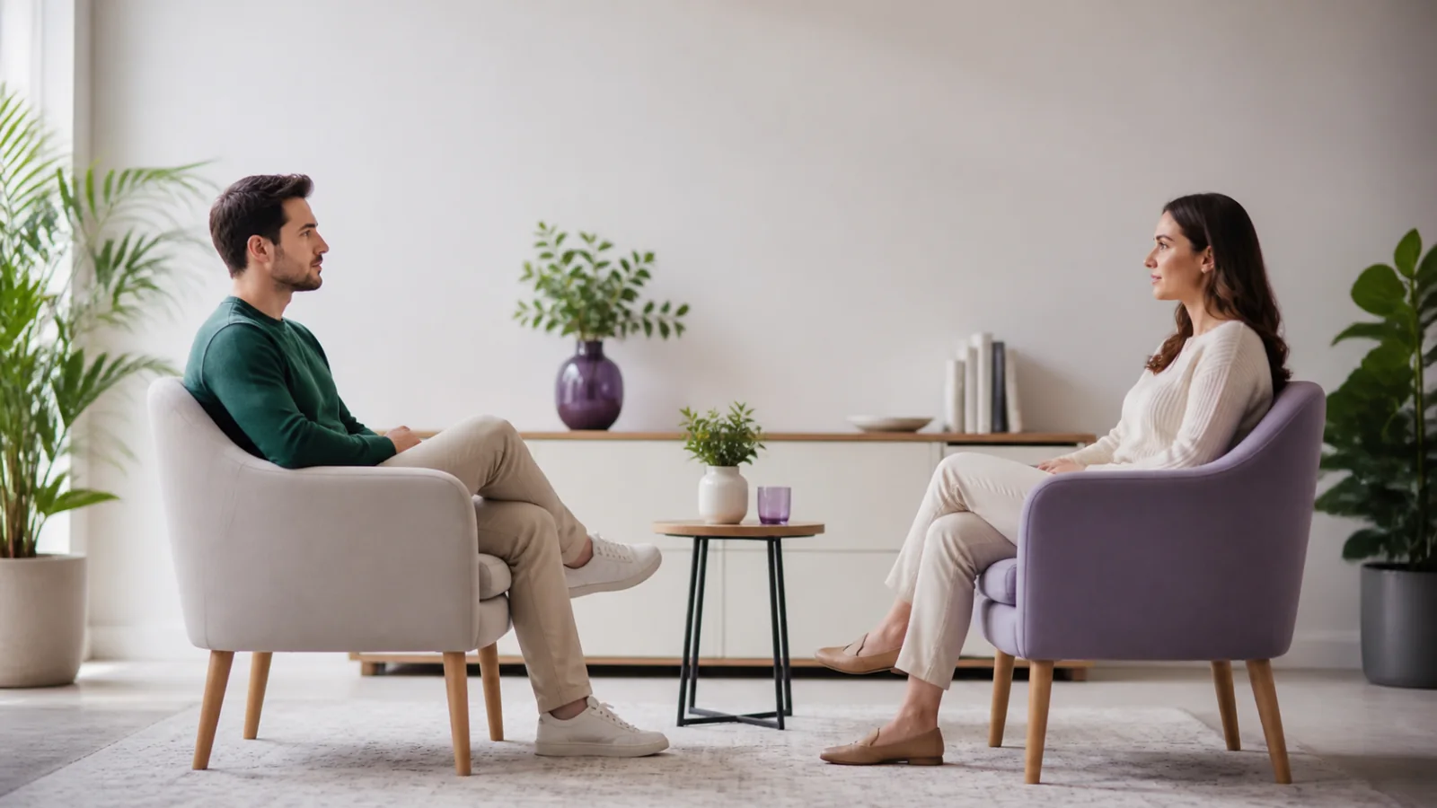 Duas pessoas adultas conversando com respeito em cadeiras separadas