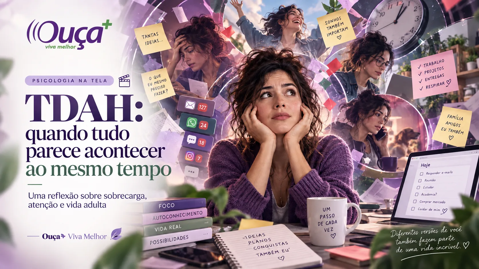 Mulher sobrecarregada entre tarefas, lembretes e diferentes demandas da vida adulta