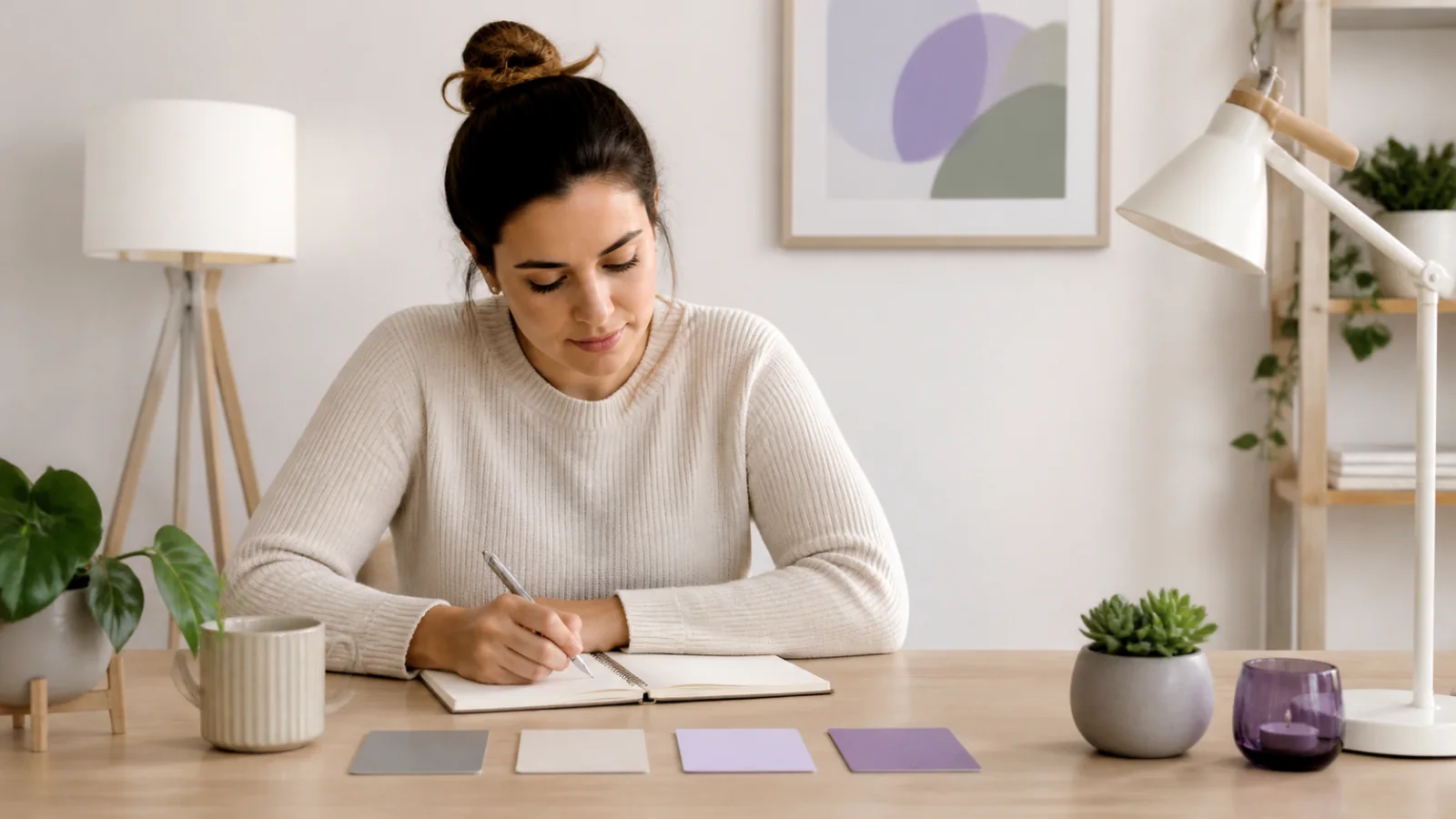 Pessoa adulta escrevendo em caderno sobre mesa organizada
