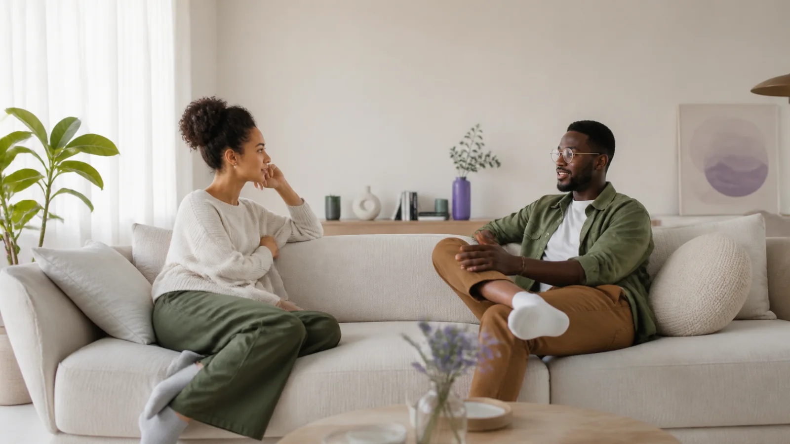 Duas pessoas adultas conversando com respeito em um sofá claro