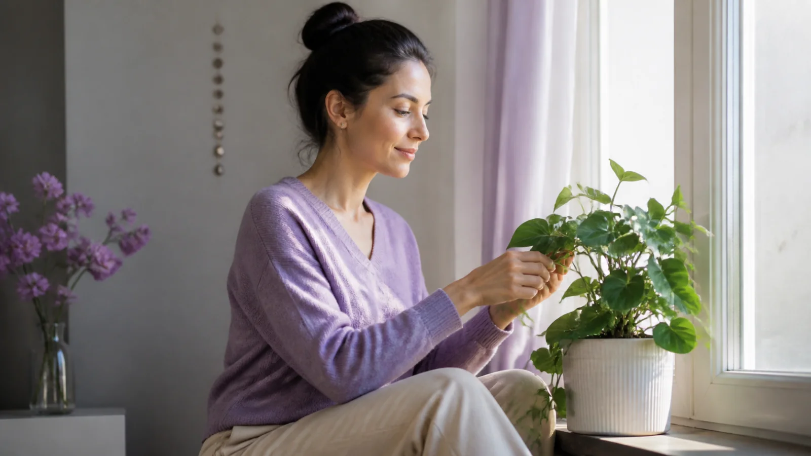 Pessoa adulta cuidando de uma planta junto a uma janela iluminada