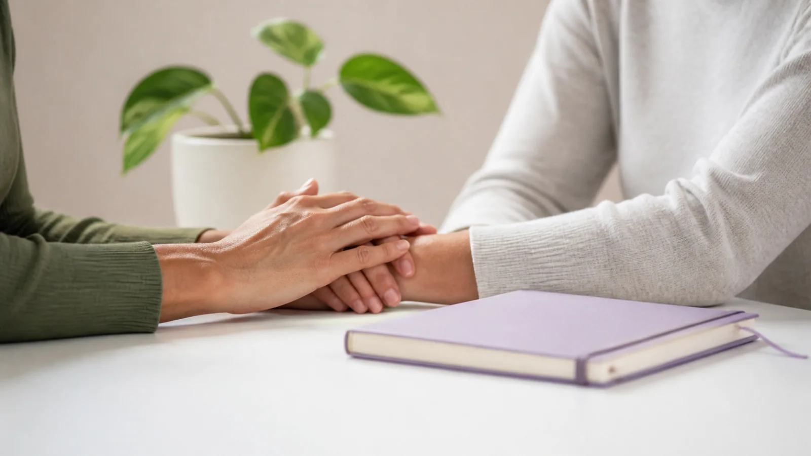 Duas mãos adultas em gesto respeitoso de apoio sobre mesa clara
