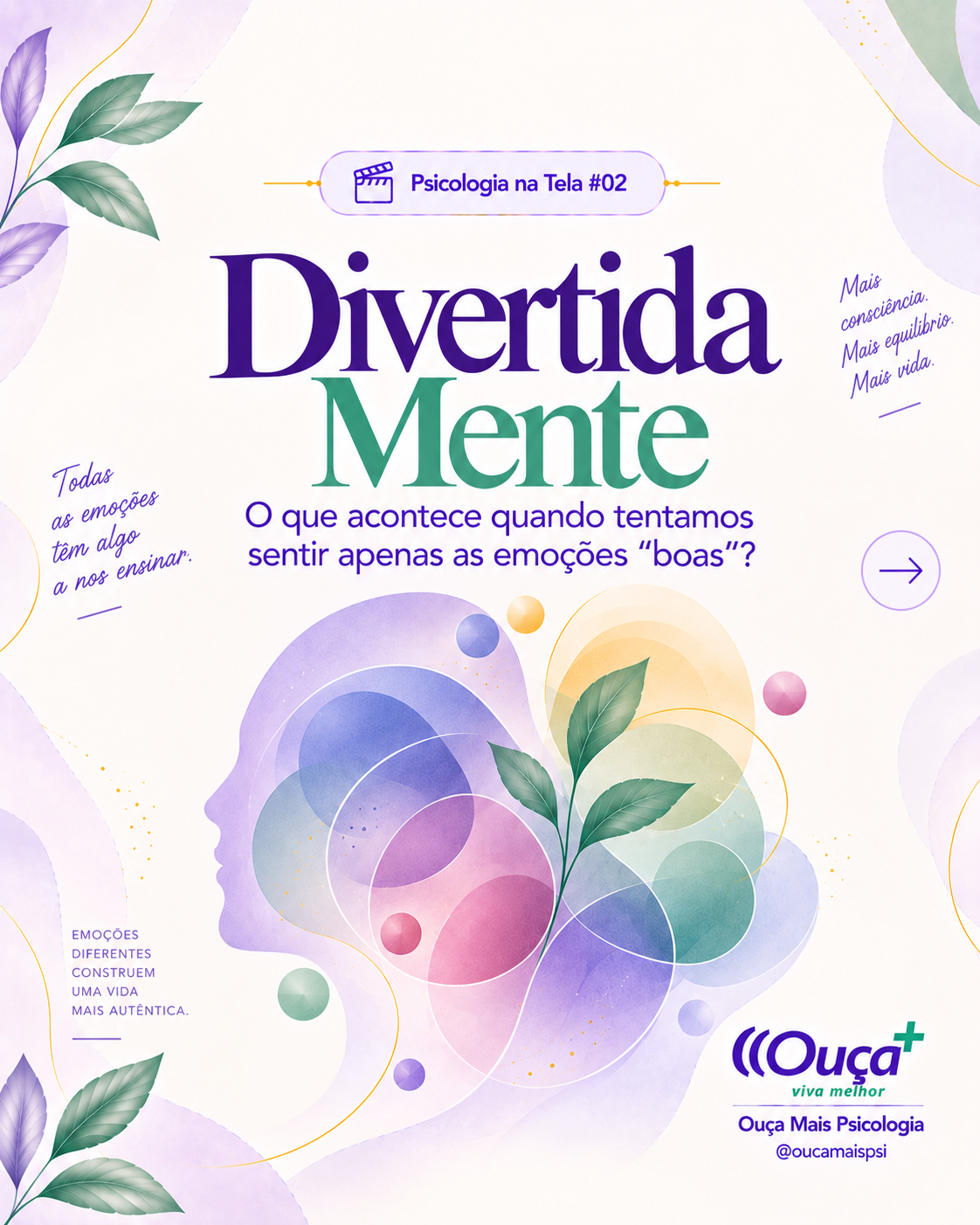 Arte editorial vertical sobre Divertida Mente, emoções e saúde emocional